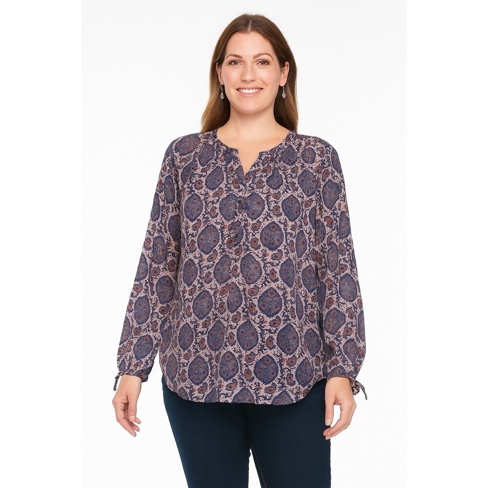 Lucky Brand Live in Love Womens Sz L Floral Sheer Elastic Waist Blouse Pink Blue